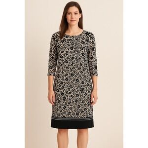 J.Jill Wearever Floral Shift Dress Black Beige 3/4 Sleeve Rayon Stretch L